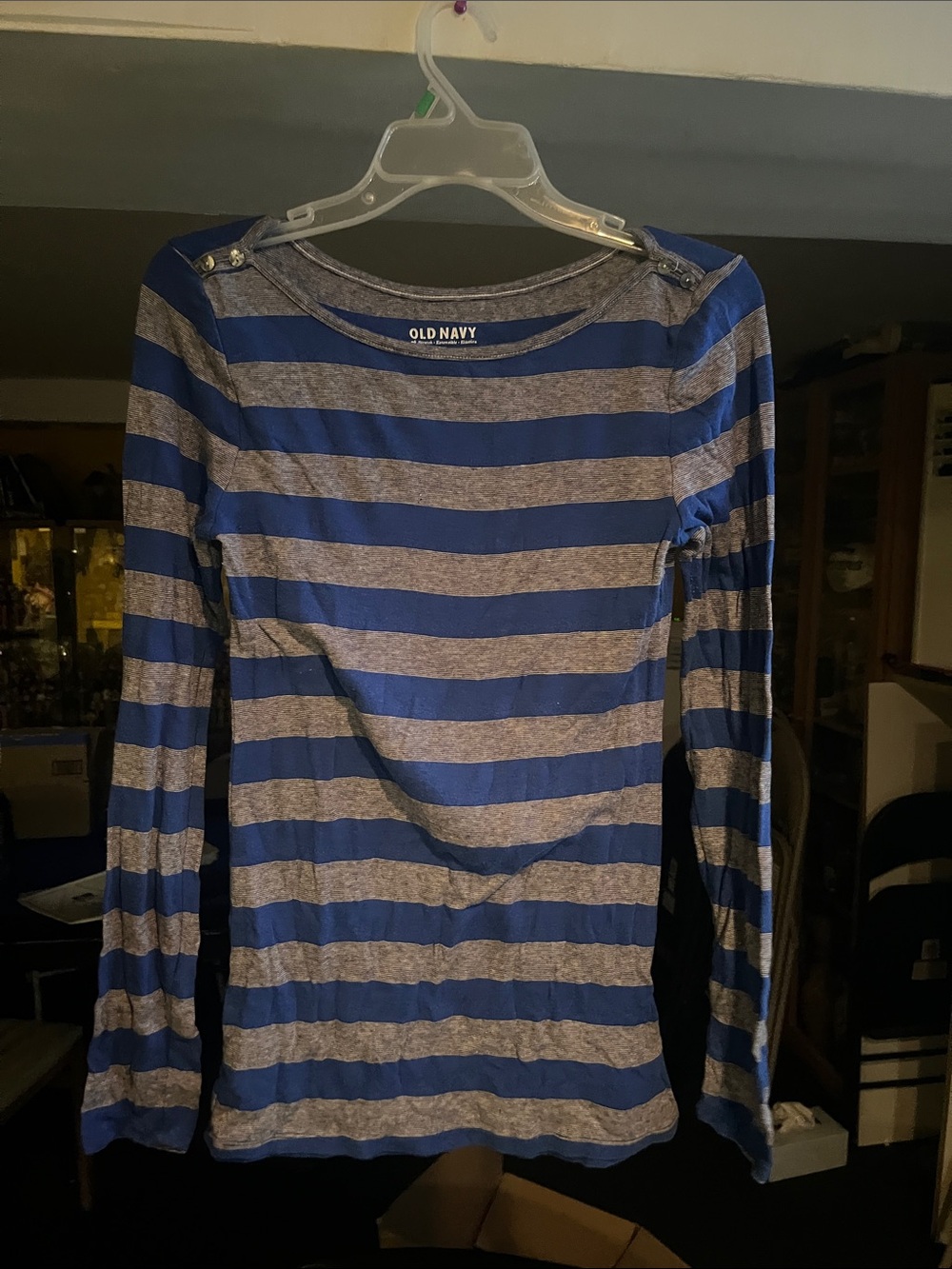 Old Navy Blue and Gray Striped Long Sleeve Tee with Shoulder Buttons